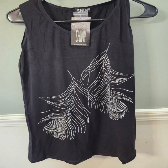 Shiny Tops - Shiny Black Tank Top with Silver Feather Embellishments